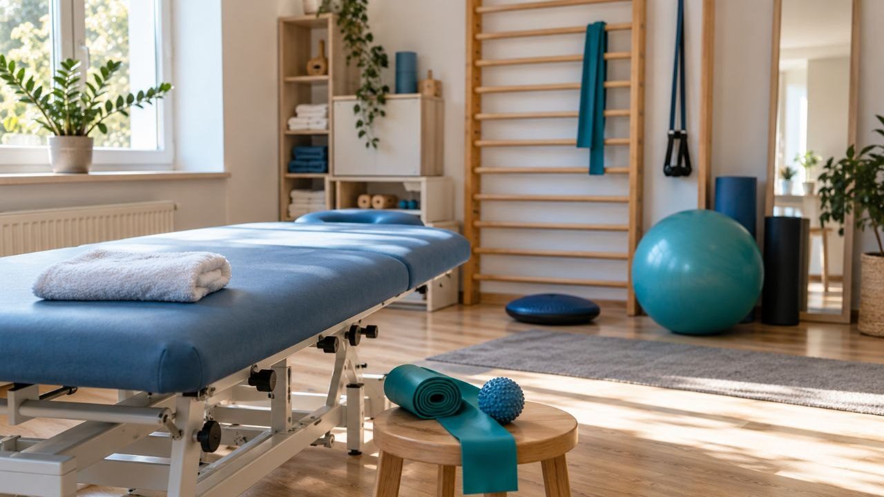 Fyzioterapeutická ordinace s lehátkem, žebřinami, gymnastickým míčem a cvičební gumou