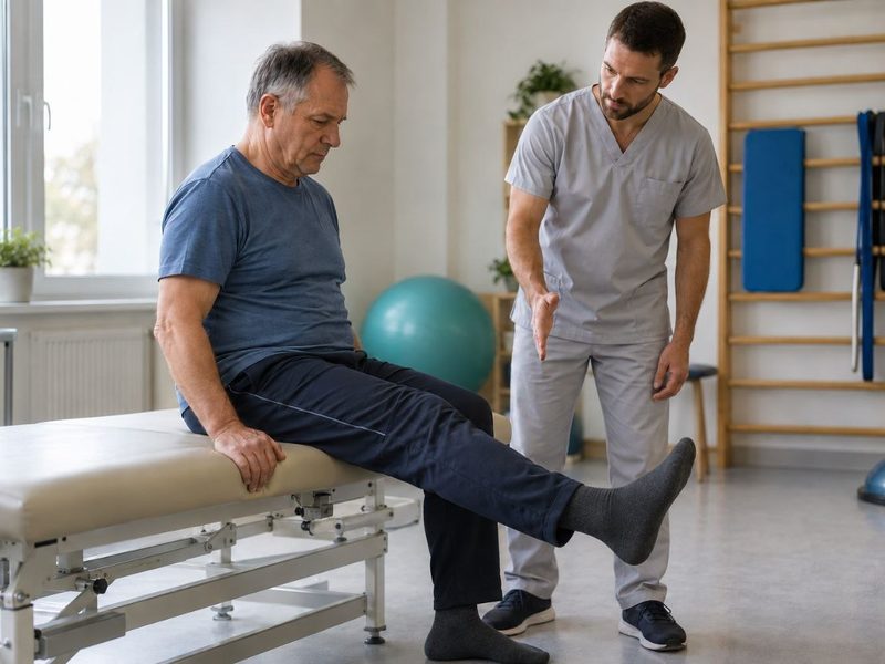 Fyzioterapeut kontroluje pacientovi propnutí kolena na rehabilitačním lehátku