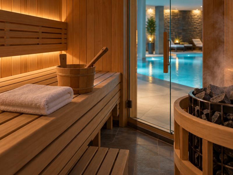 Finská sauna s dřevěnými lavicemi a výhledem na relaxační bazén